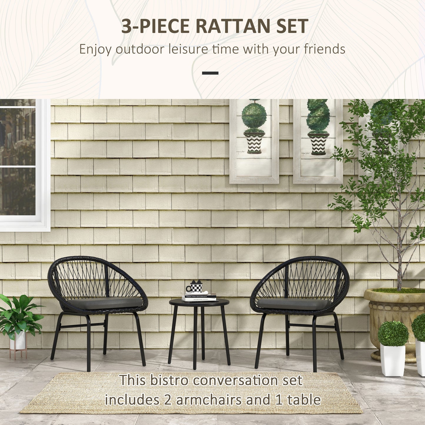 Outsunny 3 Piece Garden Furniture Set with Cushions, Round PE Rattan Bistro Set w/ 2 Armchairs & Metal Plate Coffee Table