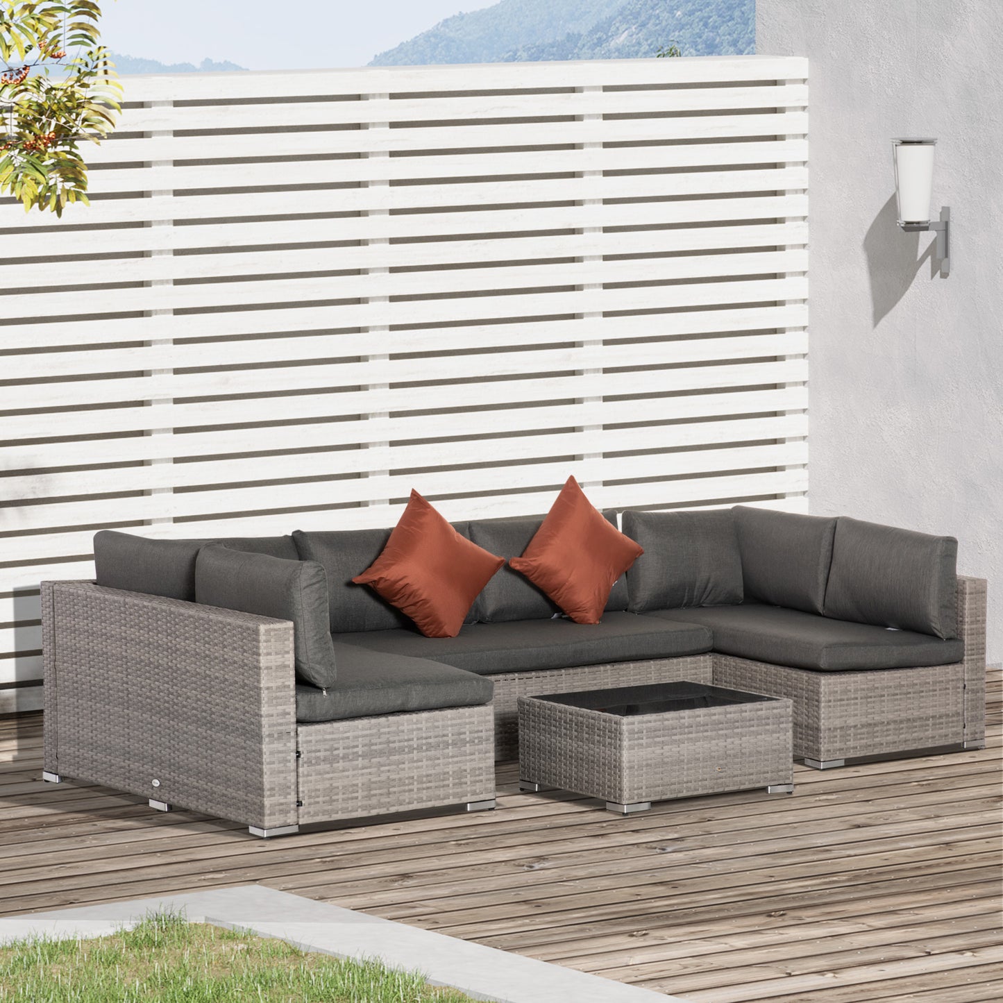 Outsunny 6-Seater Garden Rattan Furniture PE Rattan Sofa Set, Outdoor All Weather Conservatory Furniture, w/ Tempered Glass Coffee Table, Deep Grey