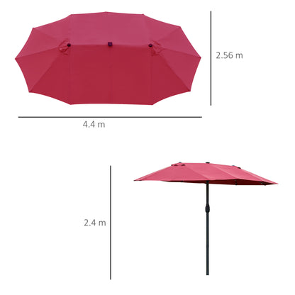 Outsunny 4.4m Double-Sided Sun Umbrella Garden Parasol Patio Sun Shade Outdoor with LED Solar Light, NO BASE INCLUDED, Wine Red