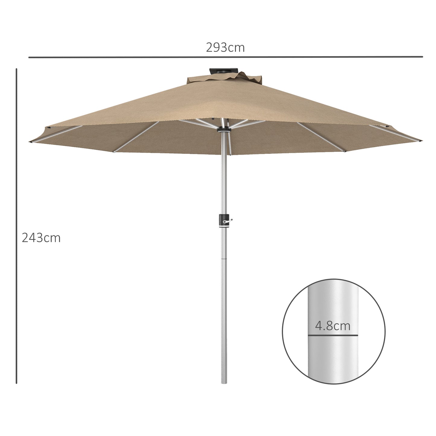 Outsunny LED Patio Umbrella, Lighted Deck Umbrella with 4 Lighting Modes, Solar & USB Charging, Khaki