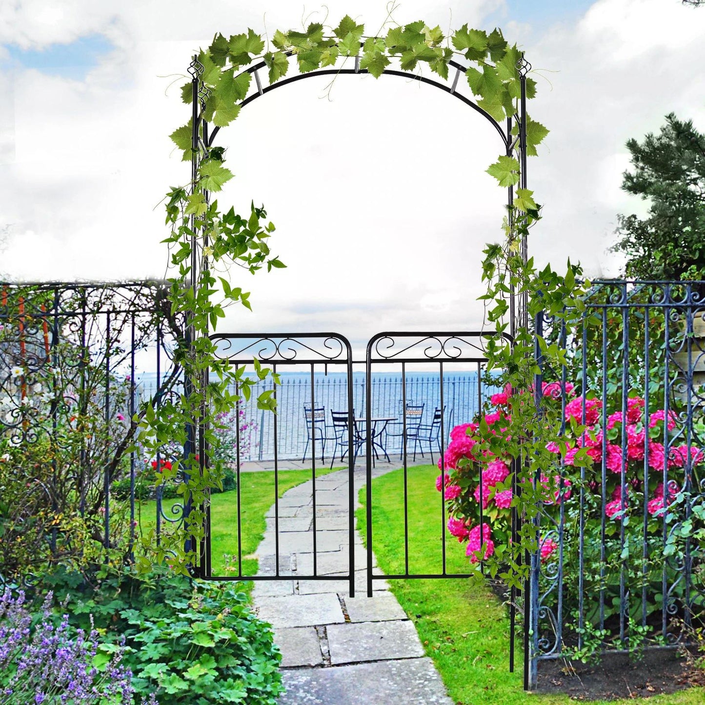 Outsunny Garden Decorative Metal Arch with Gate Outdoor Patio Trellis Arbor for Climbing Plant Archway Antique Black - 108L x 45W x 215Hcm