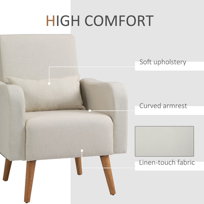 HOMCOM Accent Chair, Linen-Touch Armchair, Upholstered Leisure Lounge Sofa, Club Chair with Wooden Frame, Cream
