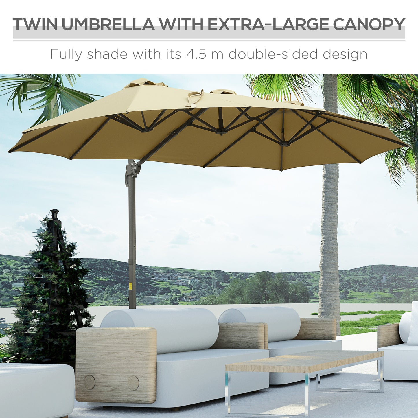 Outsunny 4.5m Double-Sided Rectangular Patio Parasol, Large Garden Umbrella with Crank Handle, 360° Cross Base for Bench, Outdoor, Khaki