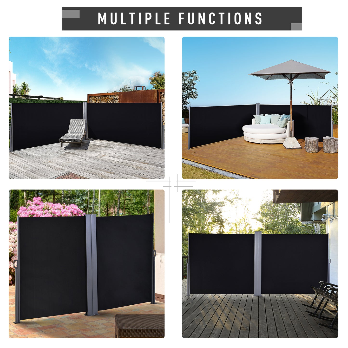 Outsunny Double Canopy Side Awning, 6 x 1.6 M, Pull-Out Sun & Rain Outdoor Protection with Steel Frame, Retractable for Garden Privacy, Black