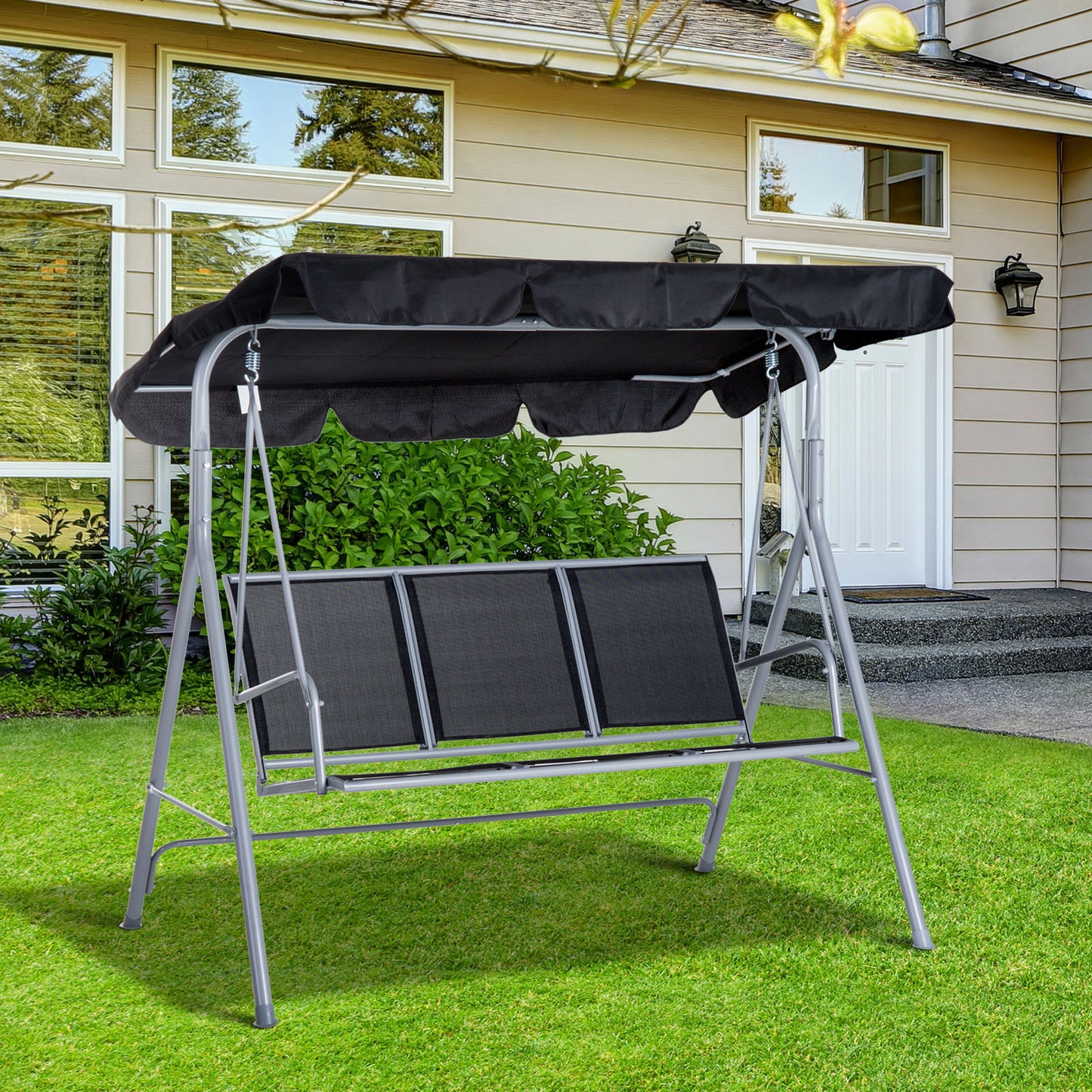 Outsunny Patio Swing Chair 3-Seater Garden Hammock Bench with Rocking Shelter Shade, Metal Frame, Black