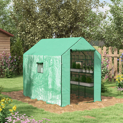 Outsunny Greenhouse Oasis: Walk-In PE Cover with 3 Tier Shelves, Roll-Up Door & Mesh Windows, 140x213x190cm, Verdant Green