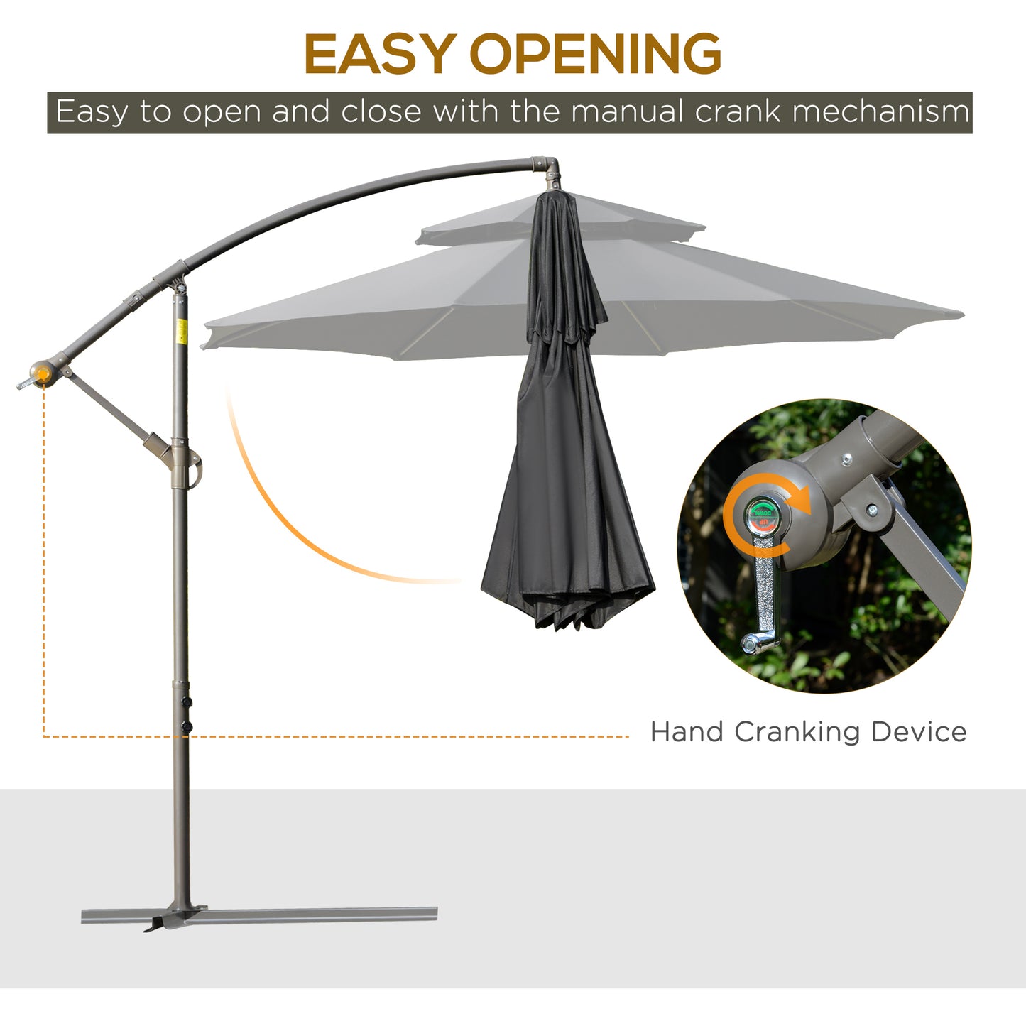 Outsunny Cantilever Parasol: 2.7m Banana Umbrella with Crank Handle, Double-Tier Canopy, Cross Base, Hanging Sun Shade, Black