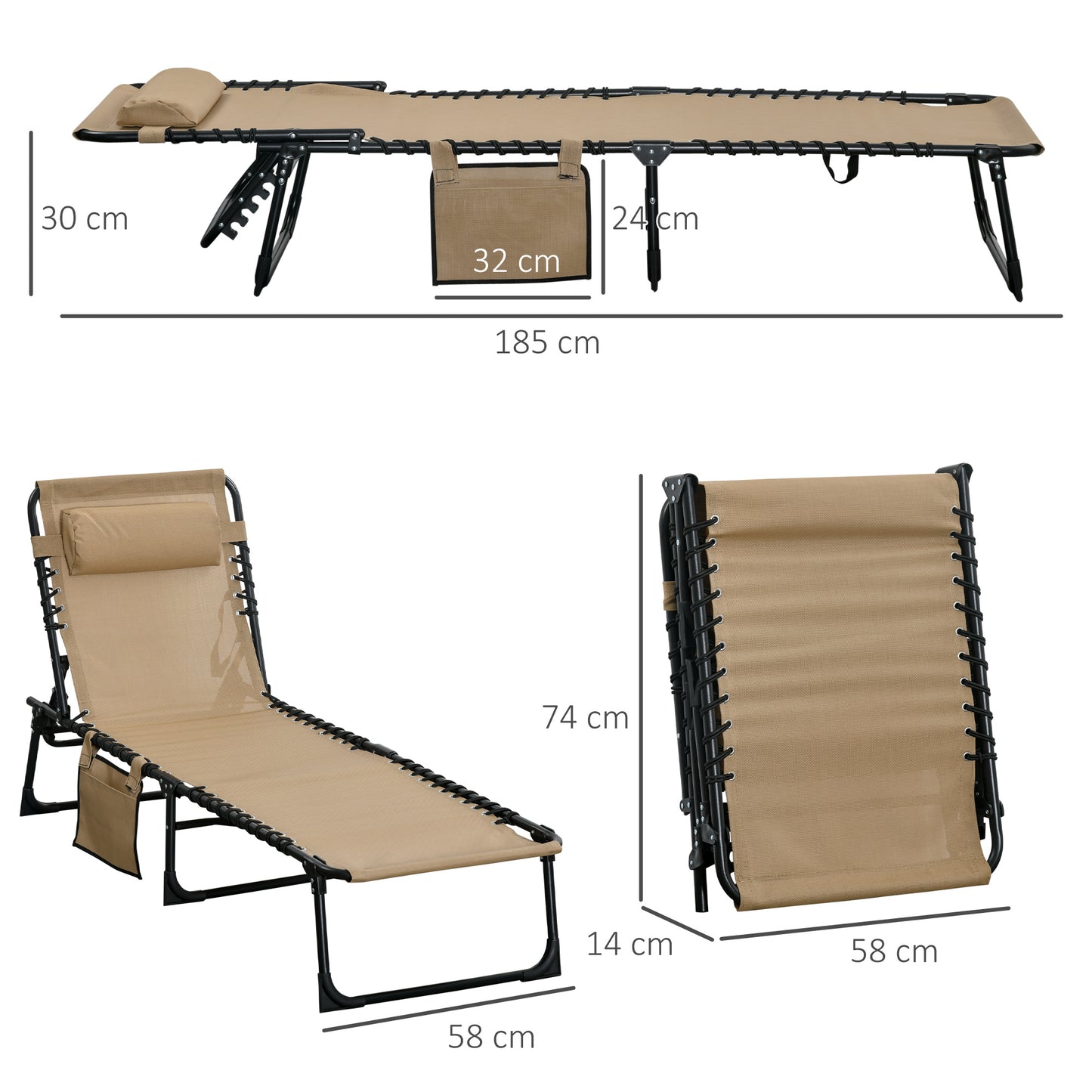 Outsunny Portable Sun Lounger Set of 2, Folding Camping Bed Cot, Reclining Lounge Chair 5-position Adjustable Backrest with Side Pocket, Pillow for Patio Garden Beach Pool, Beige