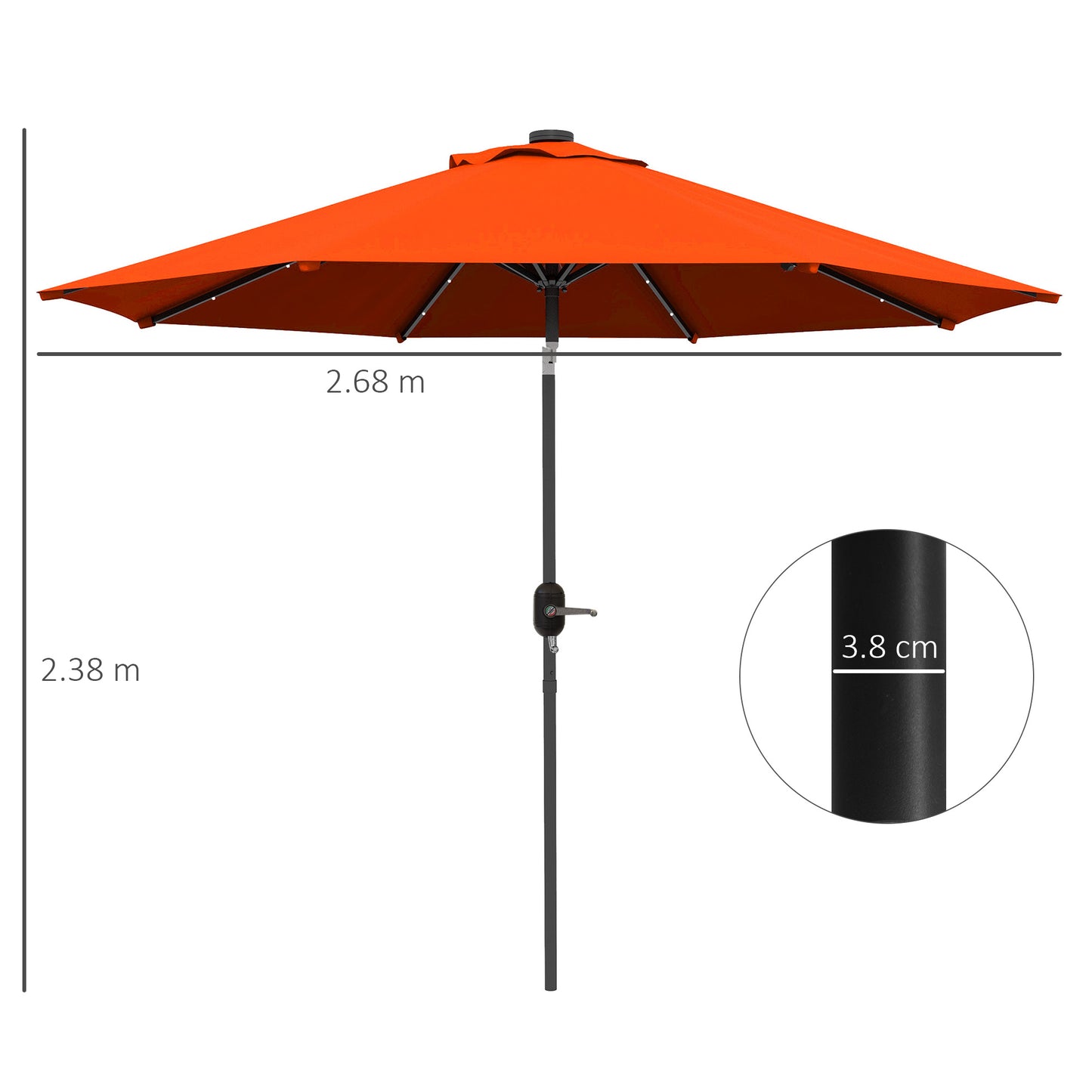 Outsunny 2.7m Outdoor Patio Garden Umbrella Parasol with Tilt Crank and 24 LEDs Lights, Orange