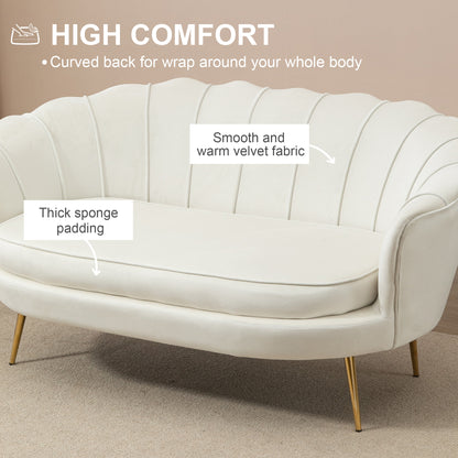 HOMCOM 2 Seater Sofa, Modern Velvet Loveseat Sofa, Fabric Small Couch with Petal Backrest and Gold Steel Legs for Living Room, Bedroom, Cream