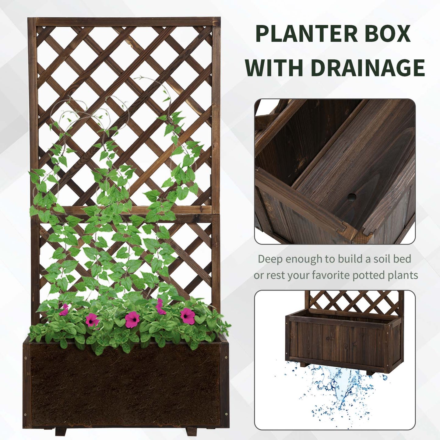 Outsunny Garden Wooden Pine Trough Planter w-Topped Trellis Climbing Plants Flower Raised Bed
