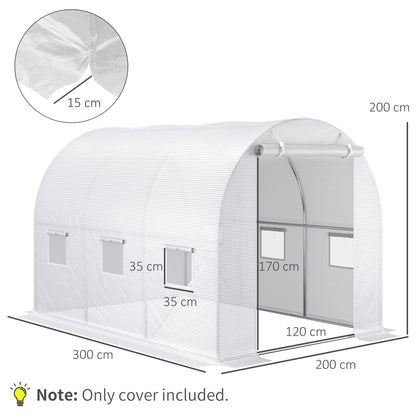 Outsunny 3 x 2 x 2m Greenhouse Replacement Walk-in PE Hot House Cover with 6 Windows Roll-Up and Zipper Door, White