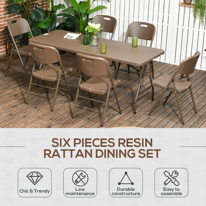 Outsunny Patio 7 PCs Resin Rattan Dining Set, Foldable Chairs and Table w/ HDPE Molding Process, Portable, Space-saving for Indoor Outdoor Dark Brown