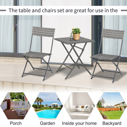 Outsunny PE Rattan Garden Furniture 2 Seater Patio Bistro Set Folding for 2 Outdoor Table and Chair Set (Grey)