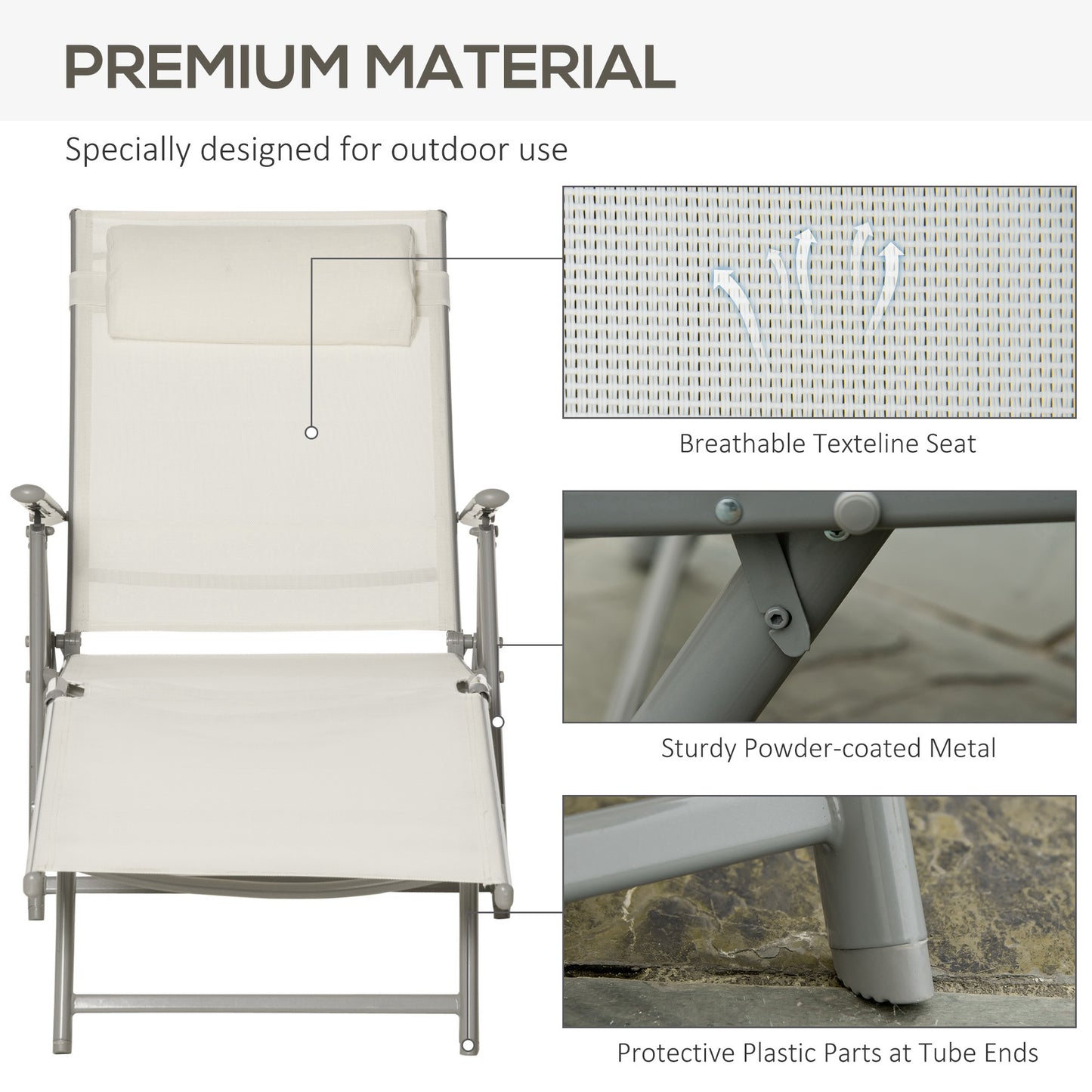 Outsunny Garden Sun Lounger: Foldable Reclining Chair with Pillow, Texteline Fabric, Adjustable Backrest, Cream White