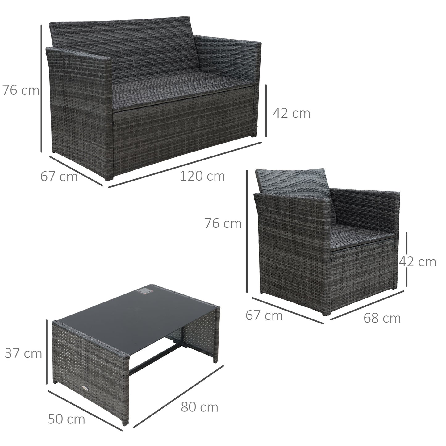 Outsunny 4-Seater Rattan Garden Furniture Sofa Set Outdoor Patio Wicker Weave 2-seater Bench Chairs & Coffee Table, Grey