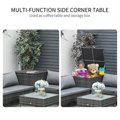 Outsunny 4 PCs Garden Rattan Wicker Outdoor Furniture Patio Corner Sofa Love Seat and Table Set  with Cushions Side Desk Storage - Mixed Grey