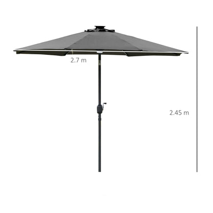 Outsunny 2.7m Garden Parasol Sun Umbrella Patio Summer Shelter w/ LED Solar Light, Angled Canopy Vent, Crank Tilt, Grey