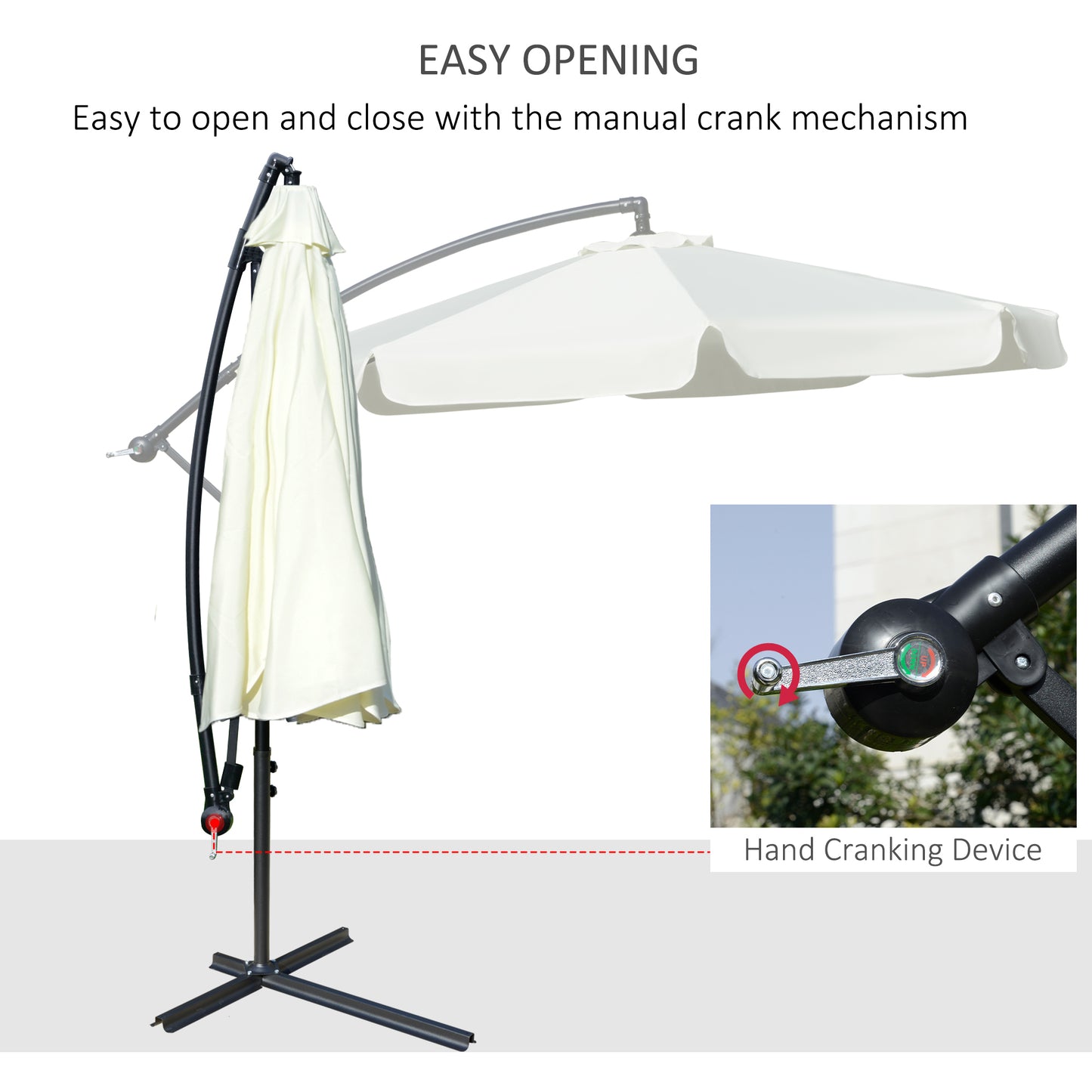 Outsunny Cantilever Umbrella, 2.7m Banana Parasol with Crank Handle and Cross Base, Outdoor Hanging Sun Shade, Cream White