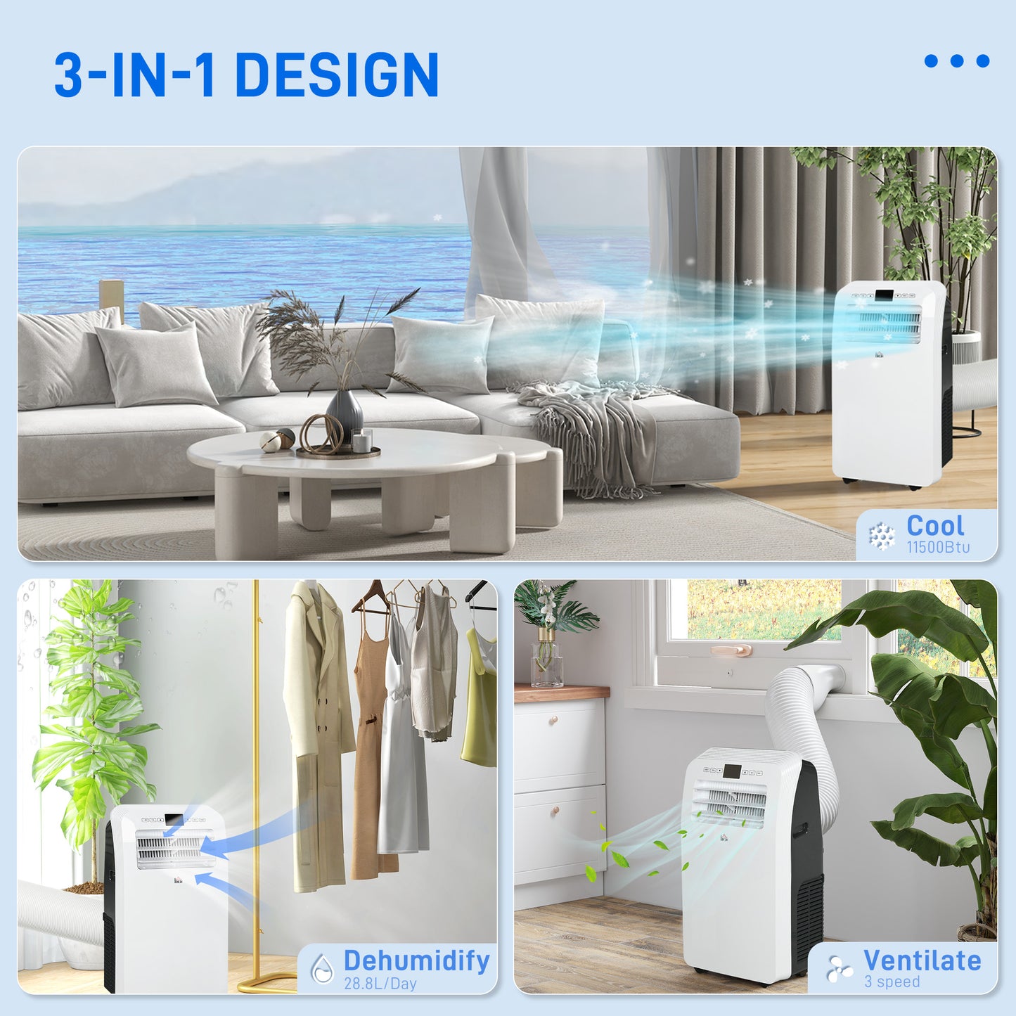 HOMCOM 12000 BTU Portable Air Conditioner, 3-in-1 Air Conditioning Unit, Dehumidifier, Cooling Fan with Remote Control, Digital Display, 3 Speeds, 24H Timer On/Off, Window Venting Kit, 28m²