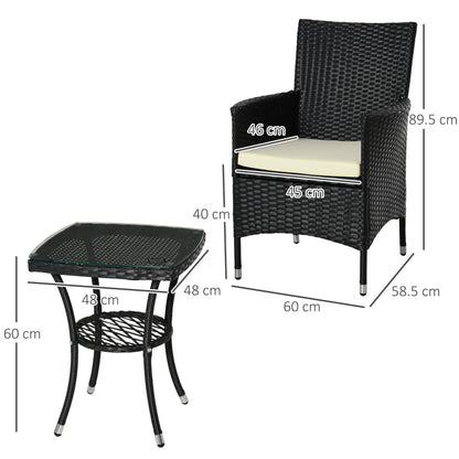 Outsunny Rattan Bistro Set: 3 Piece Garden Furniture with Weave Chairs & Table, Conservatory Patio Suite, Jet Black