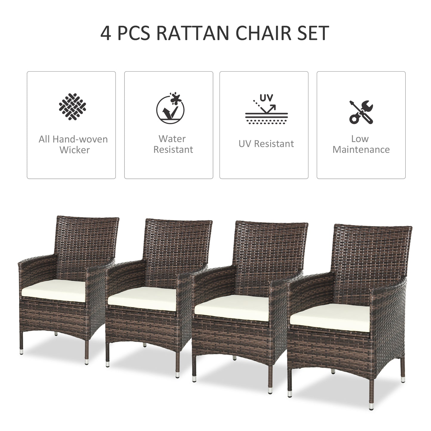 Outsunny 4PC Rattan Chair Set, Patio Sofa Chairs Set, Cushioned Outdoor Rattan Furniture