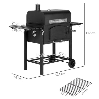 Outsunny Charcoal Barbecue Grill Trolley Garden Smoker with Shelves, Adjustable Height, Thermometer on Lid, Opener and Wheels