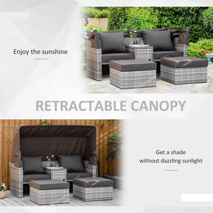 Outsunny 3 Pieces Outdoor PE Rattan Patio Furniture Set Daybed 2-Seater Sofa Footstool Tempered Glass Coffee Table Conversation Set, Olefin Cushion