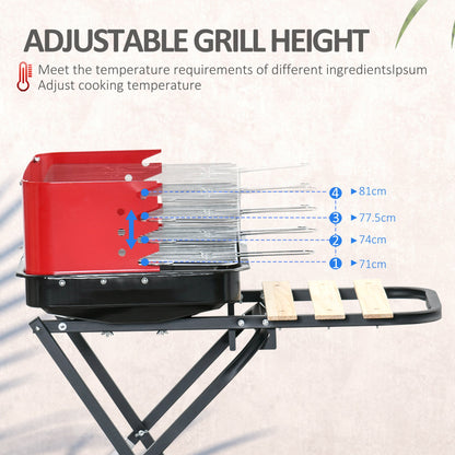Outsunny BBQ Grill Charcoal Barbecue Grill Garden Foldable BBQ Trolley w/ Windshield, Wheels, Side Trays, Red/Black