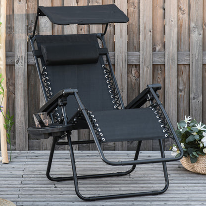 Outsunny Zero Gravity Garden Deck Folding Chair Patio Sun Lounger Reclining Seat with Cup Holder & Canopy Shade - Black