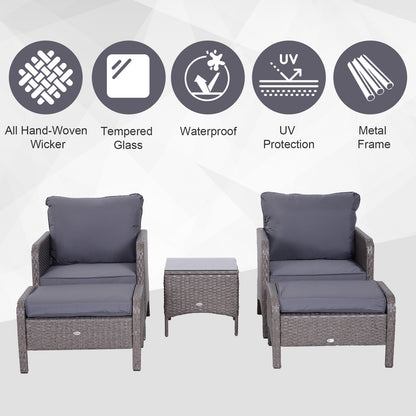 Outsunny 2 Seater Rattan Garden Furniture Set Wicker Weave Sofa Chair with Footstool and Coffee Table Thick Cushions Dark Grey