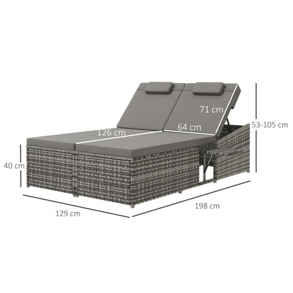 Outsunny 2 Seater Rattan Day Bed w/ Fire Retardant Cushions Grey