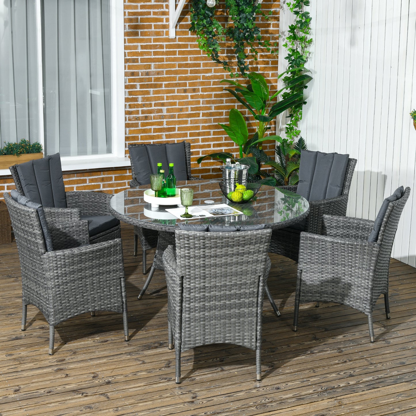Outsunny 7 Pieces PE Rattan Dining Set w/ Cushions, Garden Furniture Set w/ Six Armchairs, Patio Conservatory w/ Tempered Glass Tabletop