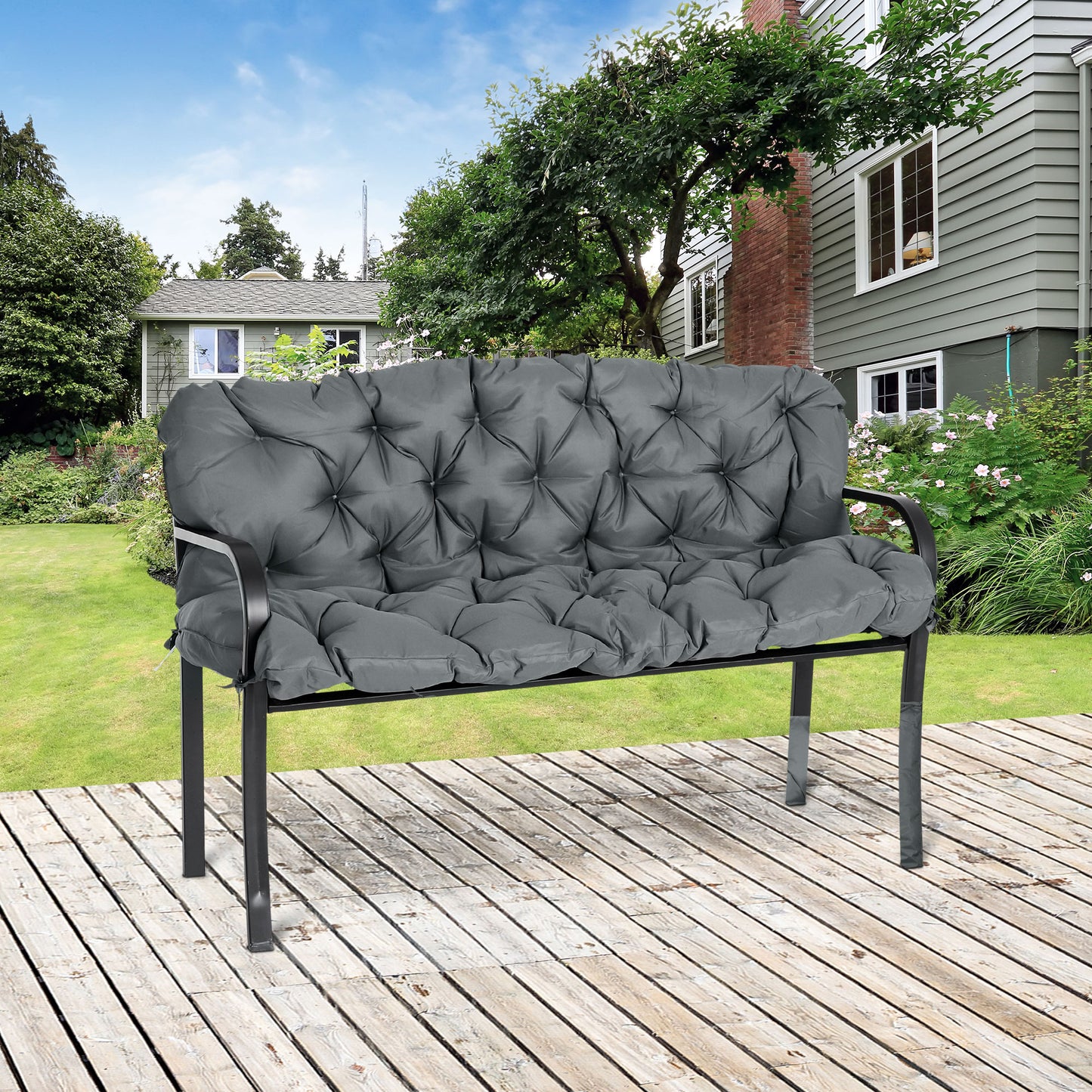 Outsunny 3 Seater Outdoor Chair Cushions, Garden Bench Cushion W/ Back and Ties for Indoor and Outdoor Use, 98 x 150 cm, Dark Grey