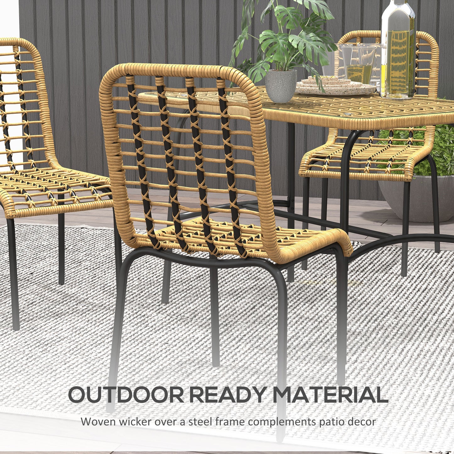 Outsunny 5 Pcs Rattan Outdoor Dining Set Patio Conservatory w/ Tempered Glass Tabletop Hollowed-out Design - Natural Wood Finish