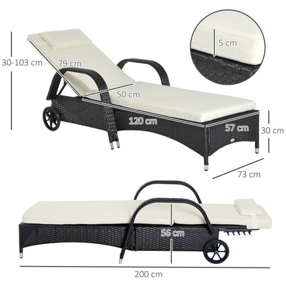 Outsunny Rattan Sun Lounger Recliner Bed, Garden Patio Outdoor Wicker Adjustable Headrest Furniture, Black