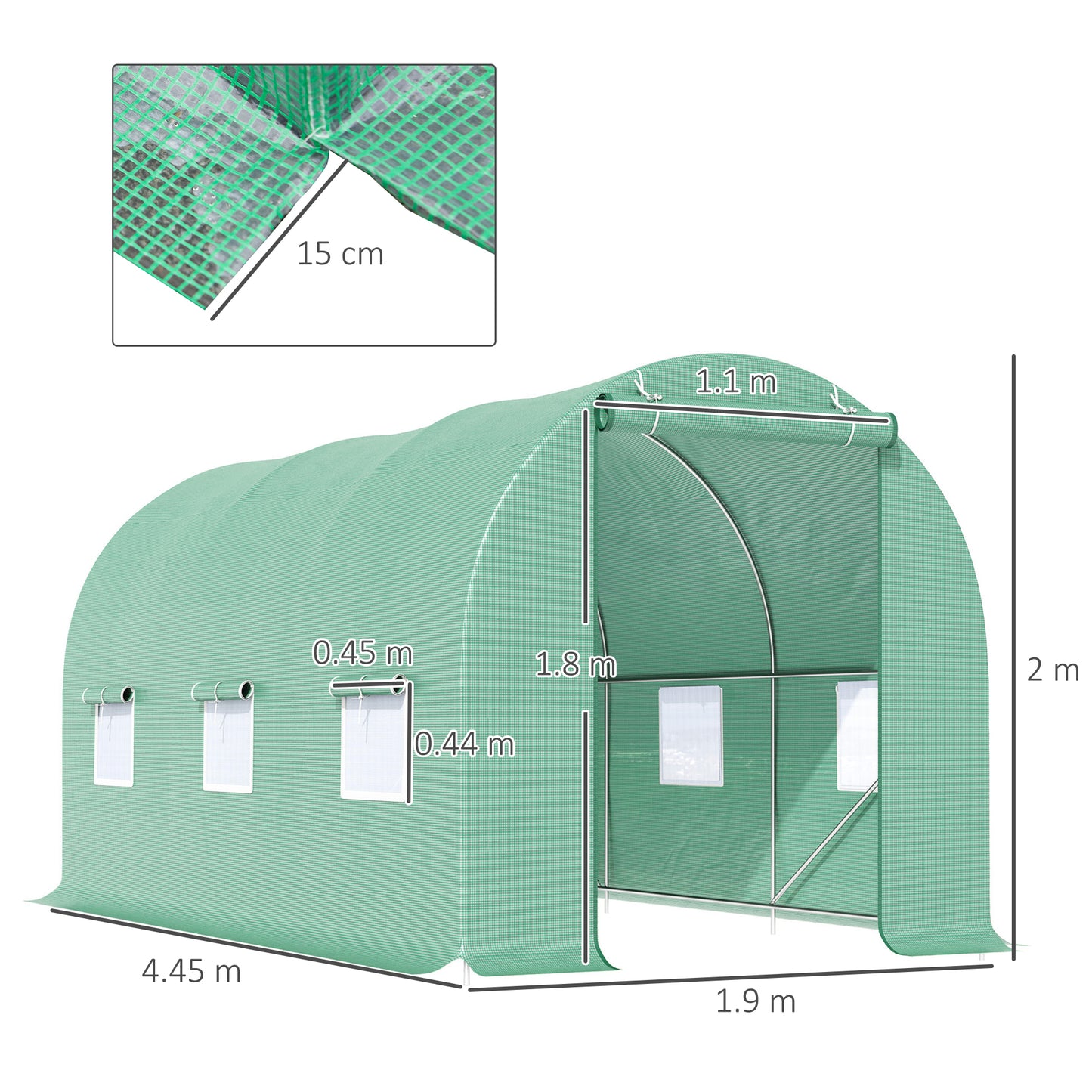 Outsunny Walk-in Greenhouse: Tunnel Design with Door & Ventilation Window, 4.5m x 2m x 2m, Green