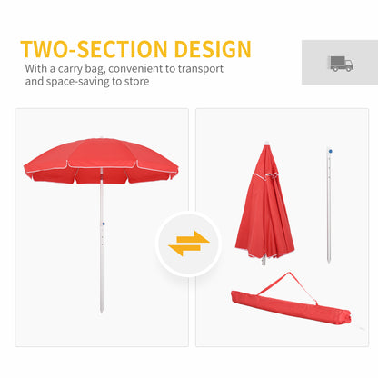Outsunny 1.9m Arced Beach Umbrella, 3-Angle Canopy Parasol with Aluminium Frame, Pointed Spike, Carry Bag for Outdoor Sun Safe Shelter, Red