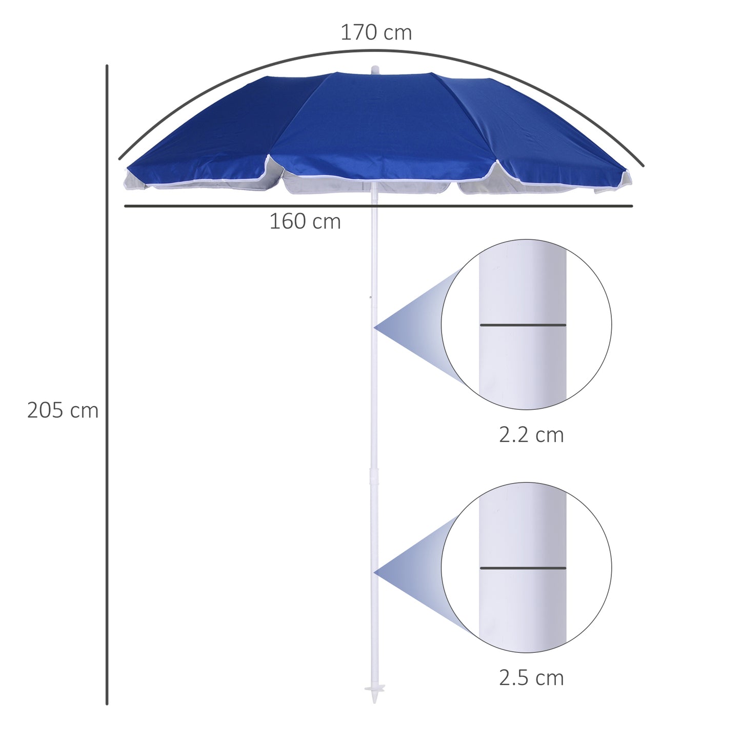 Outsunny Tilted Beach Parasol, 1.7m x 2m, with Steel Frame for UV Protection, Easy to Adjust, Blue