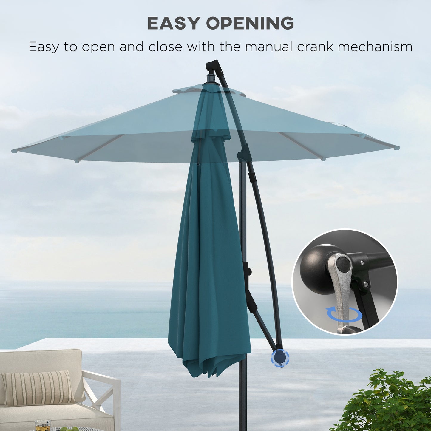 Outsunny Cantilever Parasol 3(m) with Cross Base, Banana Umbrella with Crank Handle, Tilt & 8 Ribs, Blue