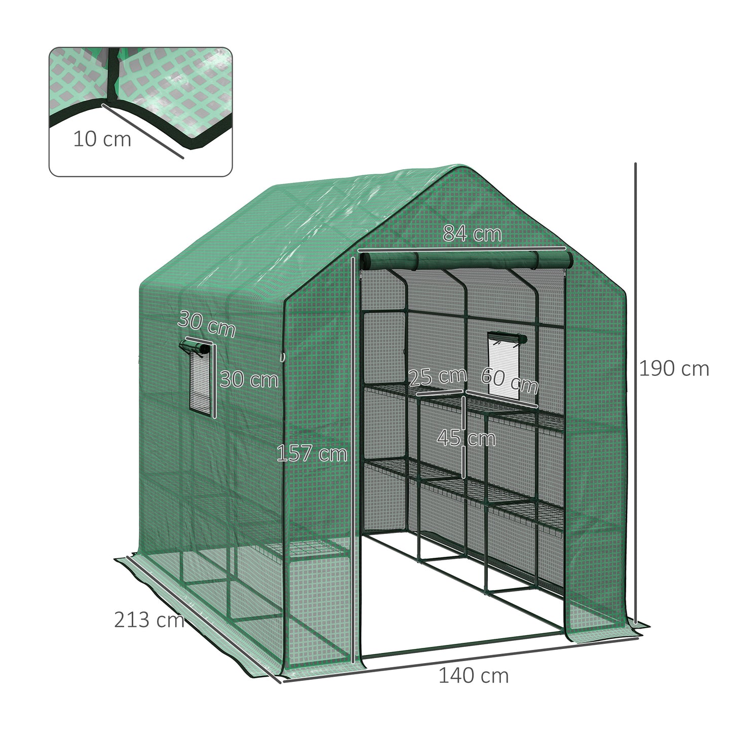 Outsunny Greenhouse Oasis: Walk-In PE Cover with 3 Tier Shelves, Roll-Up Door & Mesh Windows, 140x213x190cm, Verdant Green