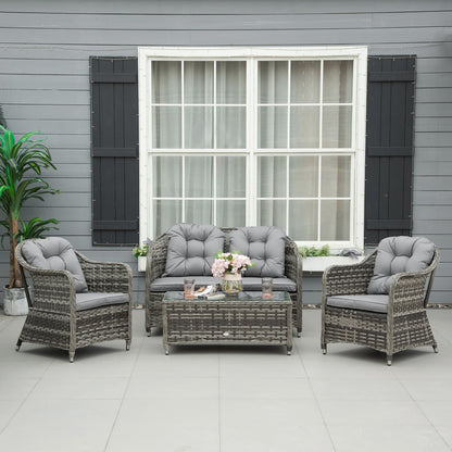 Outsunny 4-Seater PE Rattan Wicker Sofa Set Outdoor Conservatory Furniture Lawn Patio Coffee Table w/ Cushion - Grey