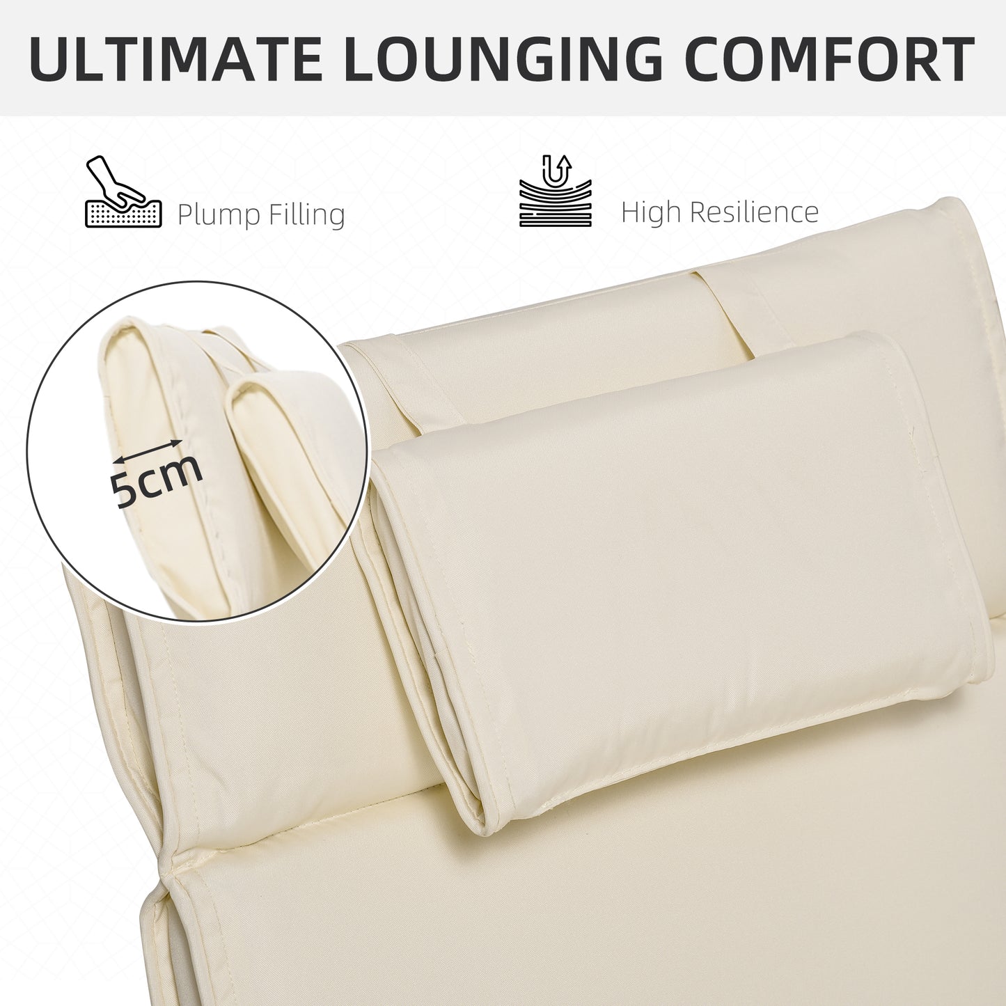 Outsunny Garden Sun Lounger Cushion Replacement Thick Sunbed Reclining Chair Relaxer Pad with Pillow - Cream White