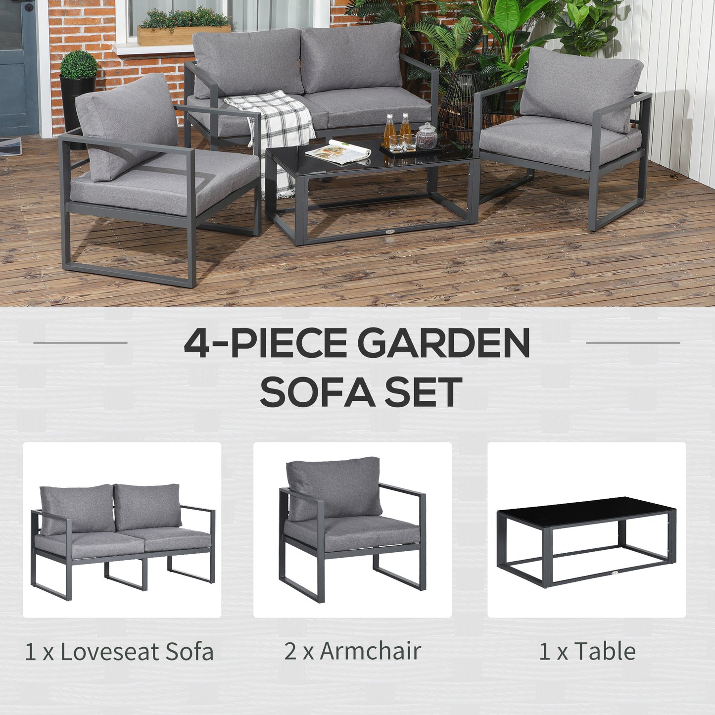 Outsunny 4 Pieces Garden Sofa Set 2 Single Armchair 1 Bench & Side Table Set Aluminium Frame Patio Furniture with Cushions Grey