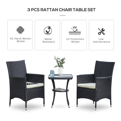 Outsunny Rattan Bistro Set: 3 Piece Garden Furniture with Weave Chairs & Table, Conservatory Patio Suite, Jet Black