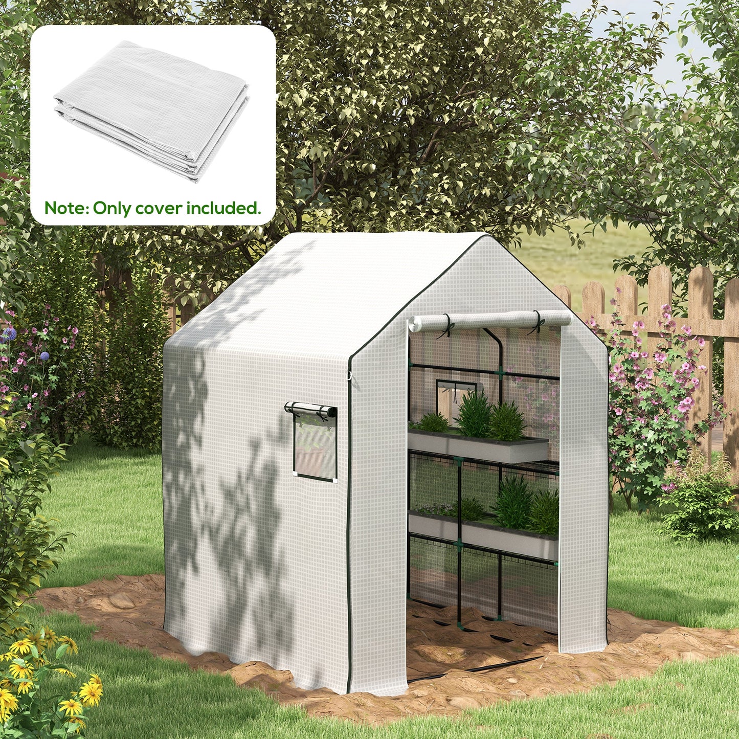 Outsunny Walk-In Greenhouse Cover: PE Replacement with Roll-Up Door & Windows, 140x143x190 cm, White
