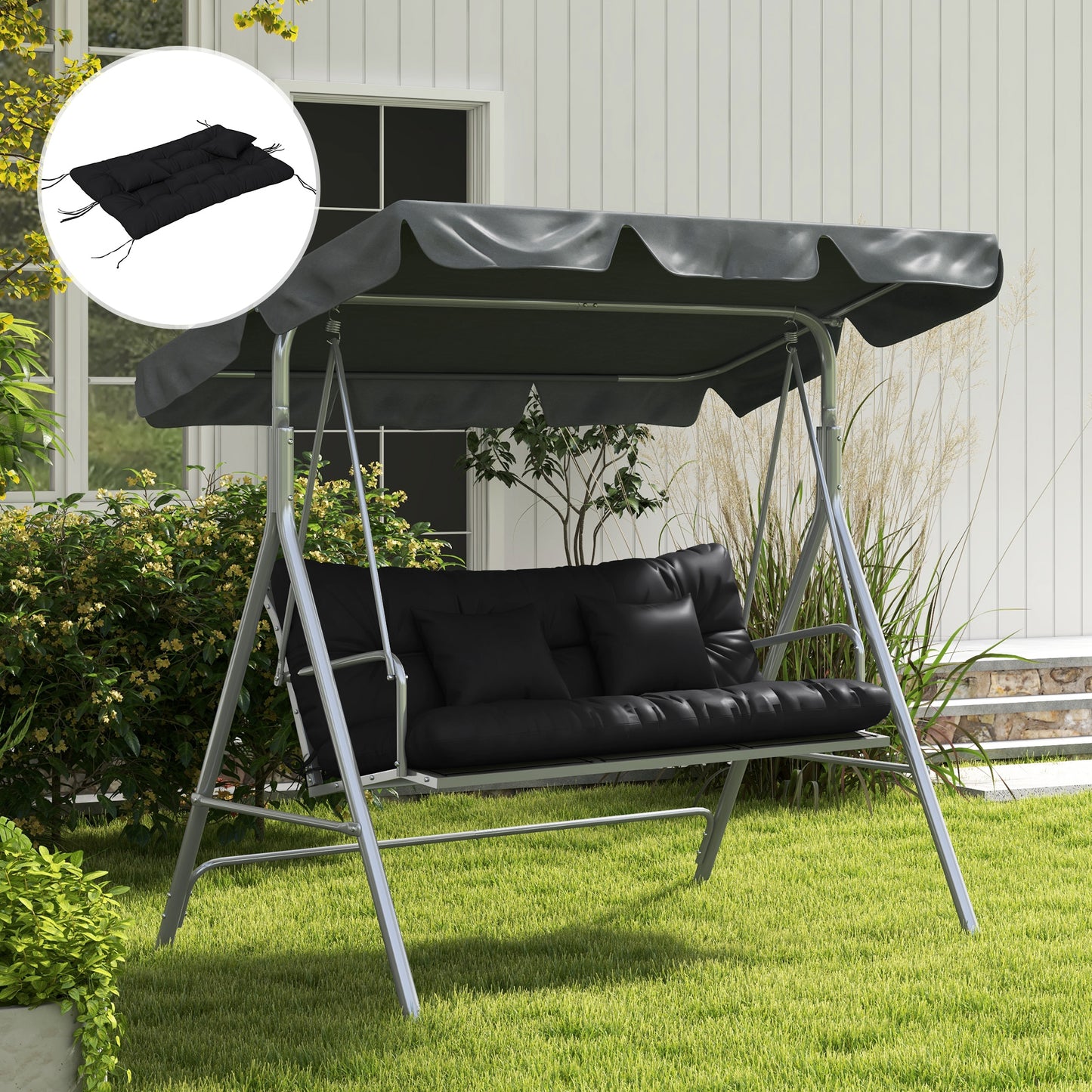 Outsunny Patio Chair Cushions: Cosy Quartet with Ties & Pillows, Backrest & Seat Set, Ebony Black