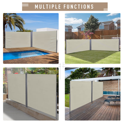 Outsunny Patio Retractable Double Side Awning, Folding Privacy Screen Fence, Privacy Wall Corner Sun Shade Wind Screen Room Divider-Cream White