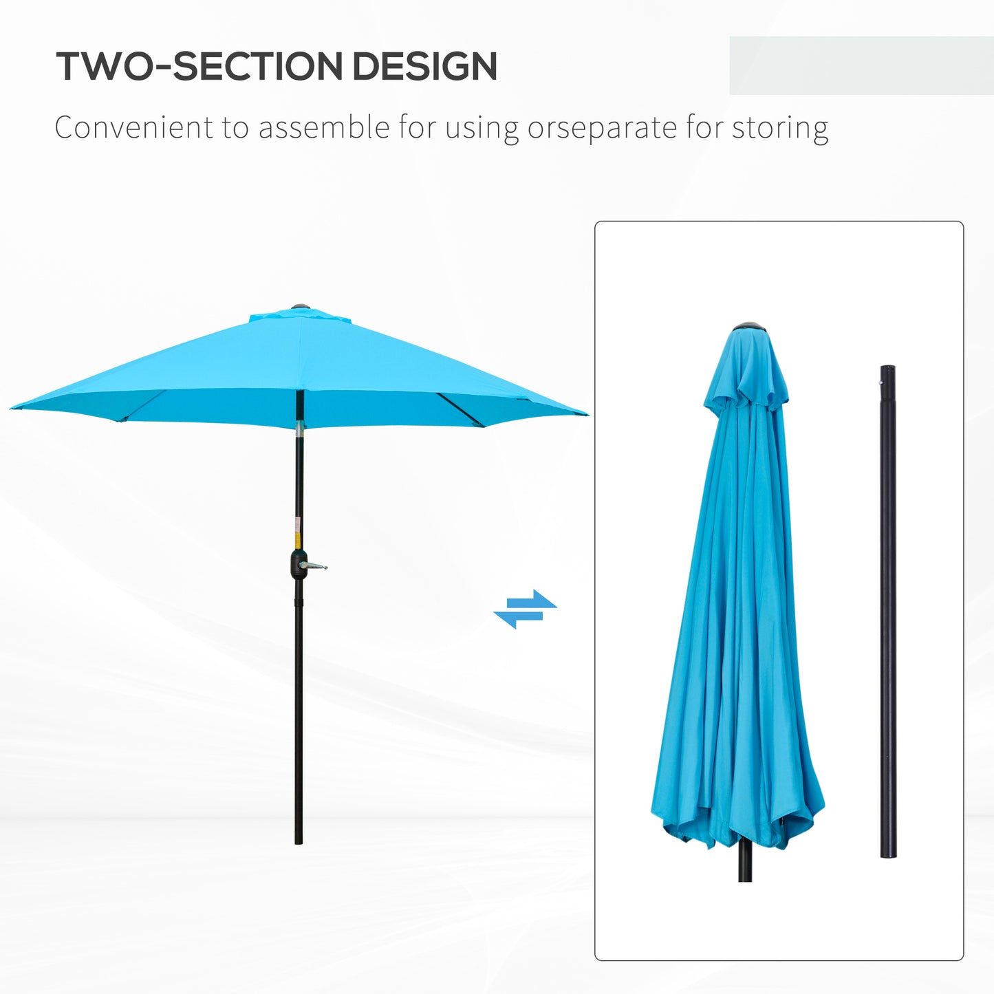 Outsunny 2.6M Patio Sun Umbrella with Tilt, Crank, 8 Ribs Aluminium Frame, Shade Shelter Canopy, Blue