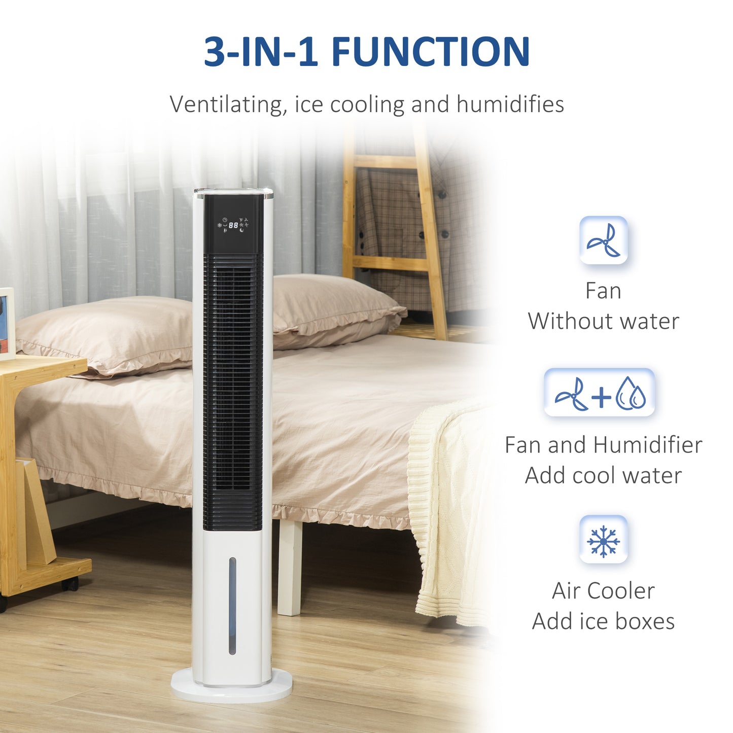 HOMCOM Portable Air Cooler 42", Evaporative Ice Cooling Fan, Humidifier, Water Conditioner with 3 Modes, Remote Control, Timer, Bedroom, White